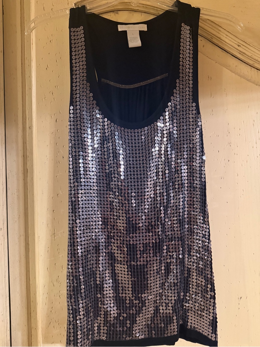 Design History Black Tank with Silver Sequin Overlay, size large